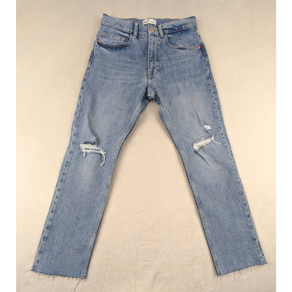 Zara sz 4 Crop or Ankle Jeans High Rise distressed some stretch denim blue